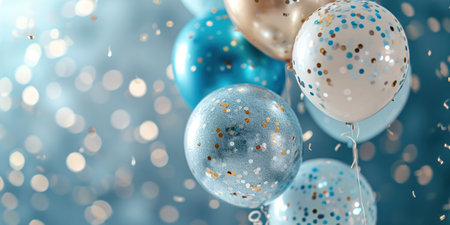 confetti balloons with silver and blue decorations on a silver background.の素材