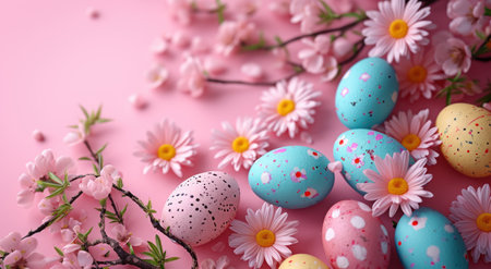 colorful easter decorations on a pink background.の素材