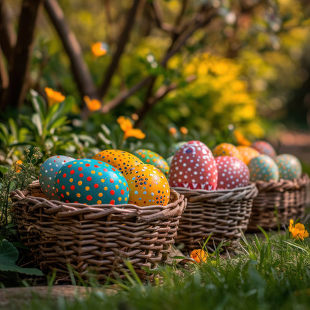 decorated easter eggs in several baskets in a garden.の素材