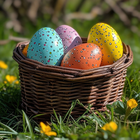 colorful eggs in woven baskets on grass.の素材