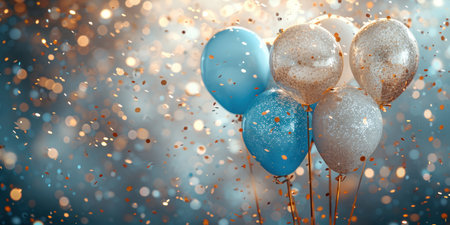 confetti balloons are on a silver and gold background.の素材
