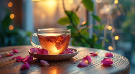 cup of tea with rose petals on it.の素材