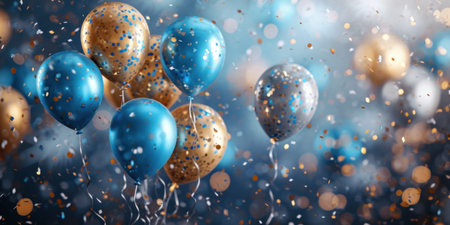 confetti balloons are on a silver and gold background.の素材