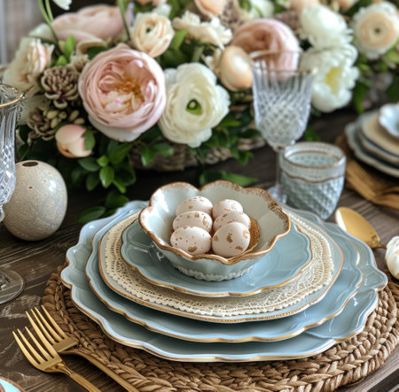 easter table setting with flowers and plates.の素材