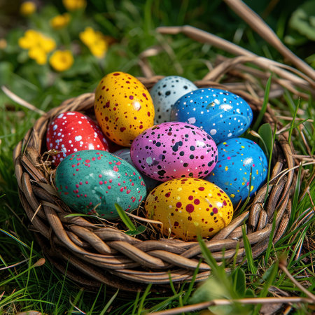 colorful eggs in woven baskets on grass.の素材