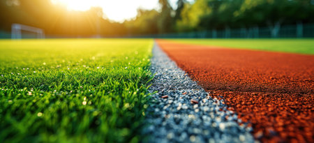 green golf green field with red line soccer field green grass background.の素材