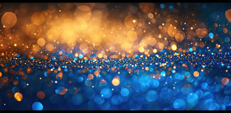 golden and blue light reflected and glittering confetti blue lights blue background background.の素材