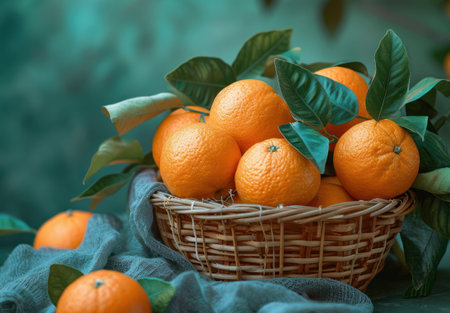 fresh oranges in the basket on a table.の素材