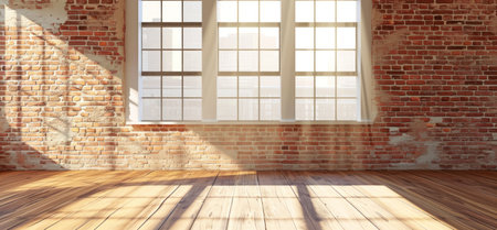 empty empty room with brick wall on the floor with wide window and sunlight hanging through it.の素材