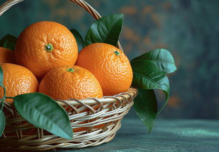 fresh oranges in the basket on a table.の素材