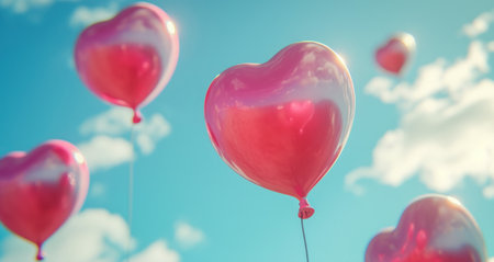 heart shaped balloons floating in the sky,.の素材