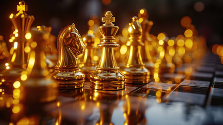 golden chess pieces are making a game against each other.の素材