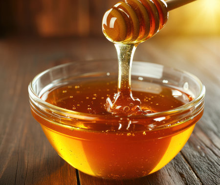 honey is poured into a glass bowl.の素材