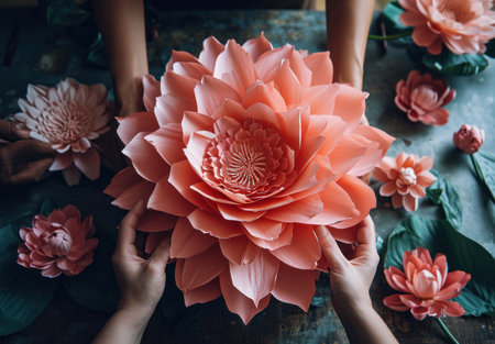 people with paper tools behind a pink flower.の素材