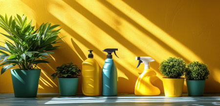 house cleaning supplies by a yellow wall.の素材