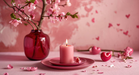 pink candle and plate on pink background, heart shaped plates in vase.の素材
