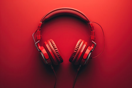 red headphones against a red background.の素材