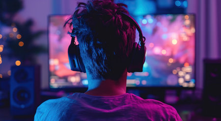 man playing video games in front of computer.の素材