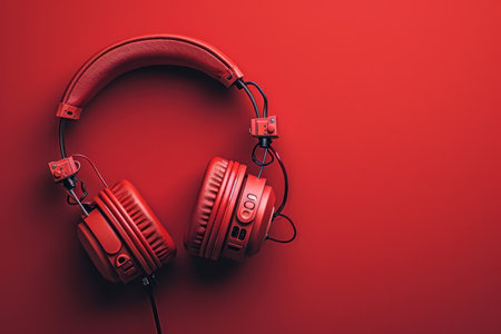 red headphones laying on red background.の素材