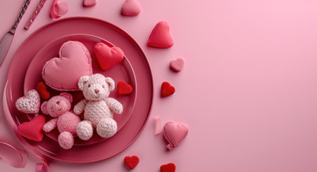 pink plate with hearts and stuffed animals on pink surface.の素材
