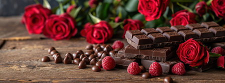 many chocolates are placed on wooden table with red roses.の素材