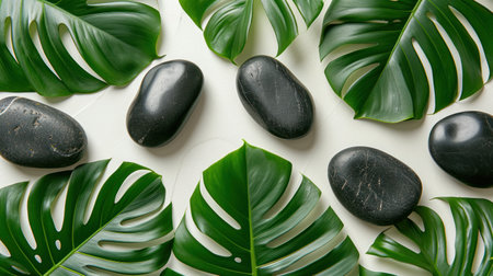 massage leaves and black stones on a white background.の素材