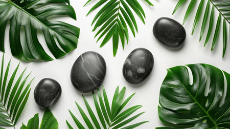 massage leaves and black stones on a white background.の素材