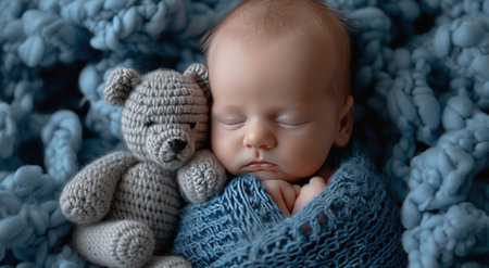 newborn baby boy sleeping in blanket with bears.の素材