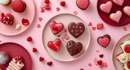 plates and heart shaped desserts on pink background.の素材