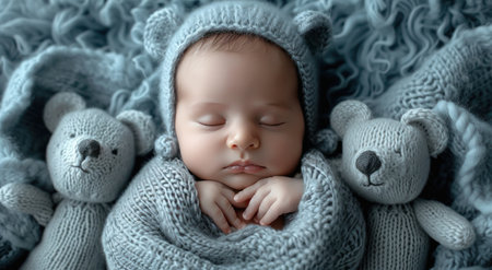newborn baby boy sleeping in blanket with bears.の素材