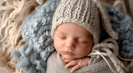newborn baby boy sleeping in blanket with bears.の素材