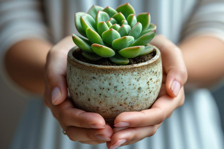 person holding succulent in a pot.の素材