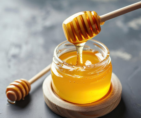 honey jar and honey dip spoon.の素材
