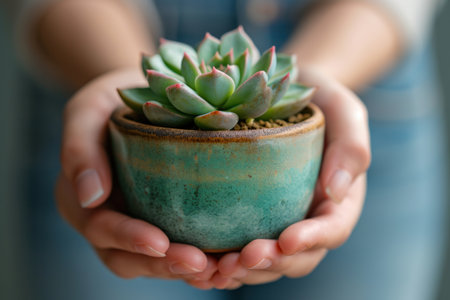 person holding succulent in a pot.の素材