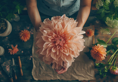 people with paper tools behind a pink flower.の素材