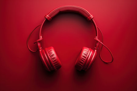 red headphones against a red background.の素材