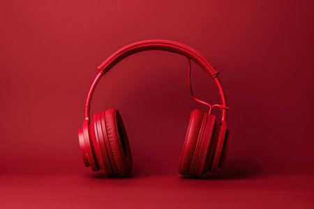 red headphones against a red background.の素材