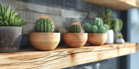 wooden wooden pots with cactuses hanging on wooden ledge.の素材