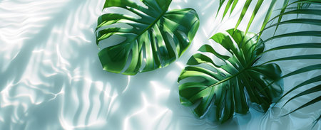 two tropical leaves on white water,.の素材