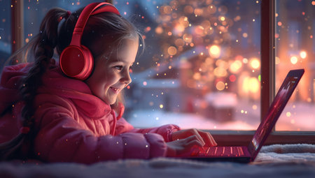 smiling girl with headphones using a laptop.の素材