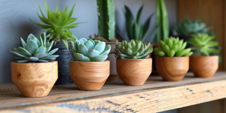 the small wooden plants are on a wooden shelf.の素材