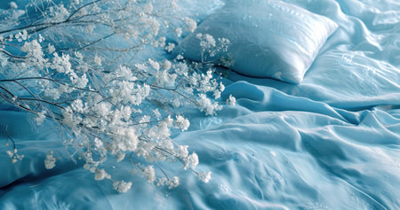 winter blue bed cover with blue pillows and white flower bouquet.の素材