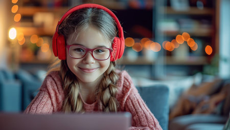 smiling girl with headphones using a laptop.の素材