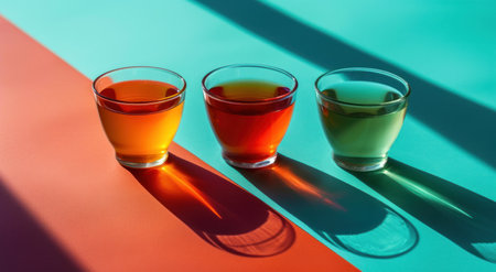 three glasses of tea on a turquoise surface.の素材