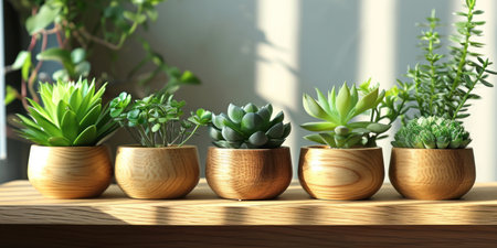 the small wooden plants are on a wooden shelf.の素材