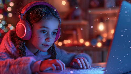 young girl with headphones using a laptop.の素材