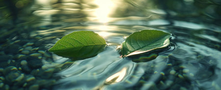 two green leaves were left in the water and reflected light from the water.の素材