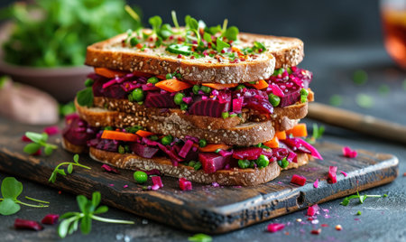 sandwich on toast with beet root and carrots.の素材