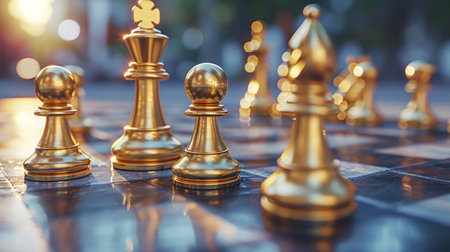 some golden chess pieces are on the board.の素材