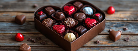 the heart shaped box of chocolates on the wooden table.の素材